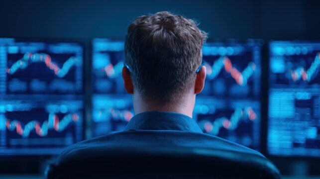 Trader monitoring stock market volatility on multiple computer screens in dark office for financial analysis real time investment data tracking