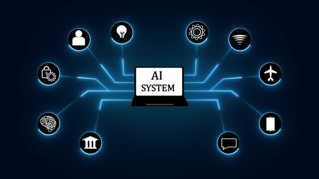 Artificial intelligence tech animation links smart cloud computer nodes. Intelligence tech electronic system displays interconnected system icons. Tech animation background loops for corporate.