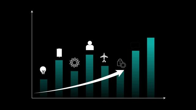 Graph data bar chart growth animation displays rising corporate sales. Data bar chart layout features teal pillars with white trend arrows. Chart growth loop works well for business videos.