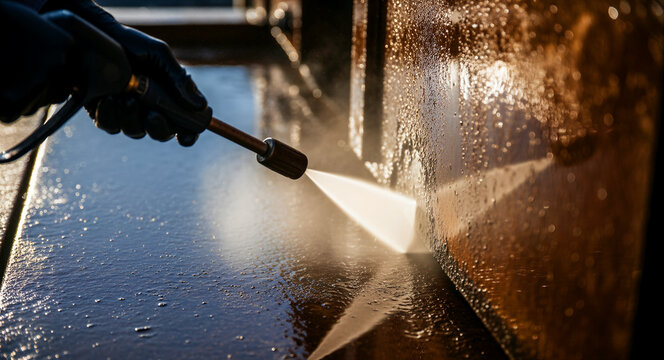 Worker using high-pressure water to clean a rusty metal surface. Industrial maintenance specialist removing grime from heavy equipment. Sanitation and restoration service concept.