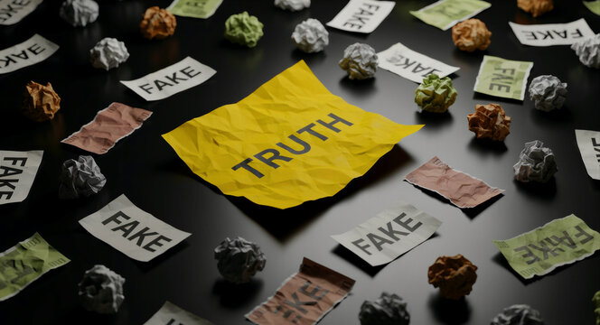 Yellow crumpled paper with TRUTH text surrounded by FAKE scraps. Various paper balls on a dark surface illustrating misinformation. Fact-checking concept for media integrity and news marketing.
