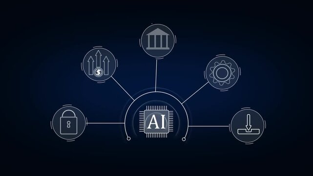 Artificial intelligence tech processor hub connects circular data nodes. Intelligence tech electronic AI chip interface features innovation icons. Tech processor design looks very modern.