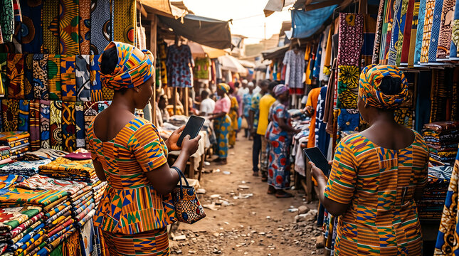 Fintech emerging market asset, mobile payment exchange in colorful African market setting, three-quarter distance, commercial 16:9 format