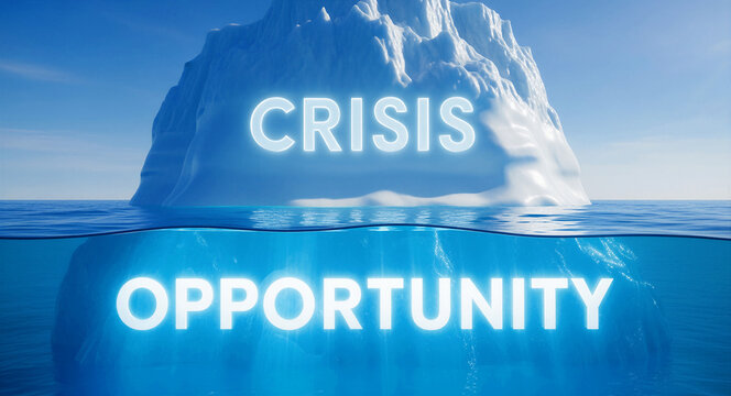 Iceberg in ocean with Crisis text above and Opportunity text below water. Split-view concept showing hidden potential beneath visible problems. Ideal for business strategy and growth marketing.