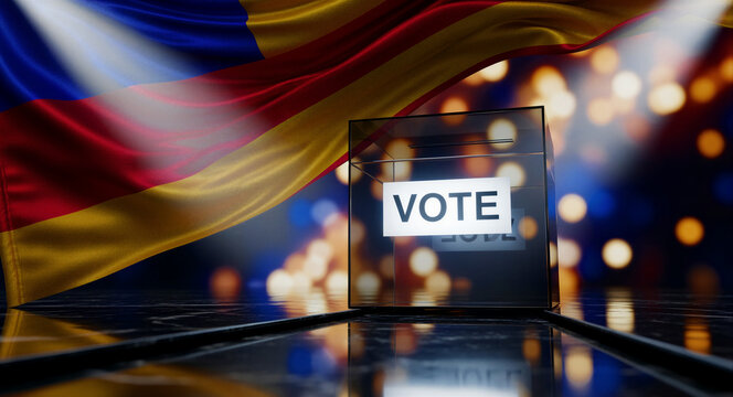 Transparent ballot box with VOTE sign before Armenian flag. National flag draped with dramatic lighting over reflective surface. Democracy concept for political news and civic campaigns.