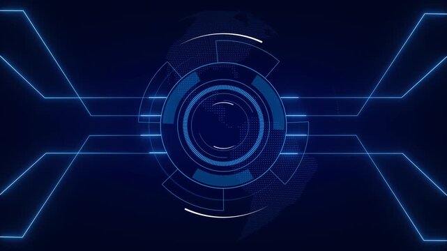 Futuristic digital globe animation showcases blue circuit board graphics. Digital globe planetary sphere features neon connection data streams. Globe animation loop delivers sci fi style.
