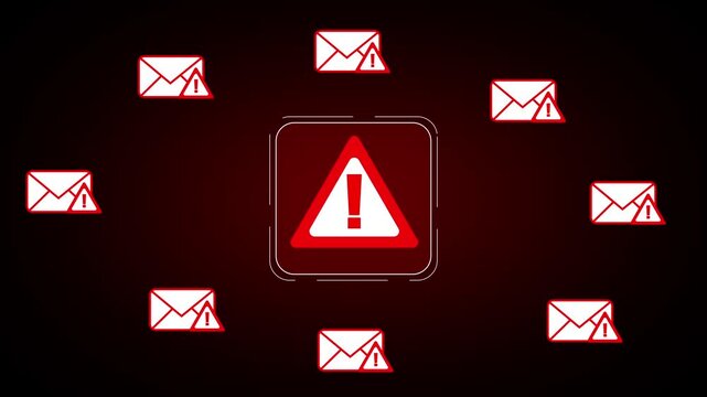 Email security warning alert animation displays envelope tracking icons. Security warning phishing scam message features red exclamation signs. Warning alert layout is ideal for tech clips.