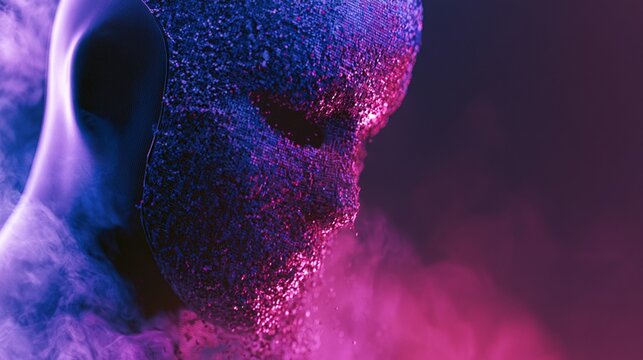 person wearing futuristic mask that looks like it is dissolving into digital pixels. Lighting is dusk light bathes scene