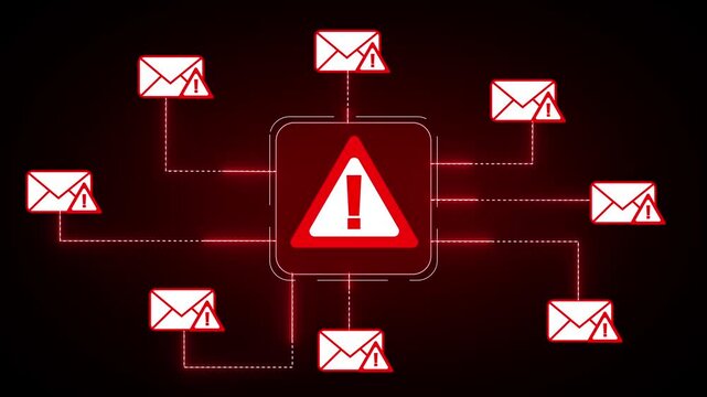 Email security warning alert animation displays envelope tracking icons. Security warning phishing scam message features red exclamation signs. Warning alert layout loops for cyber intros.