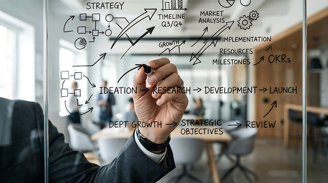 Businessman drawing a business strategy flowchart on a glass wall in a modern office setting.