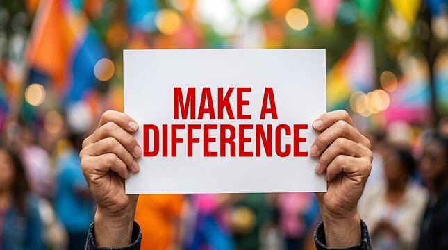 Closeup of hands holding a sign that says make a difference in red letters against a blurred crowd background
