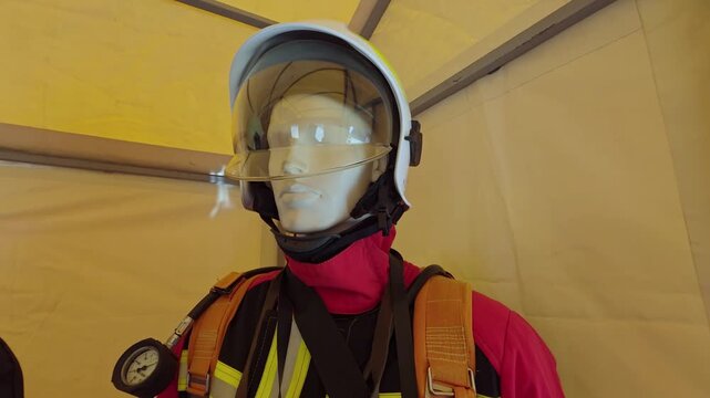 Mannequin display showing detailed firefighter protective gear including white helmet with clear visor and red uniform with safety harness inside yellow emergency tent structure