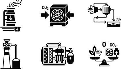 Fototapeta premium Carbon Dioxide Capture Process Diagram Black Silhouette flow industrial technology