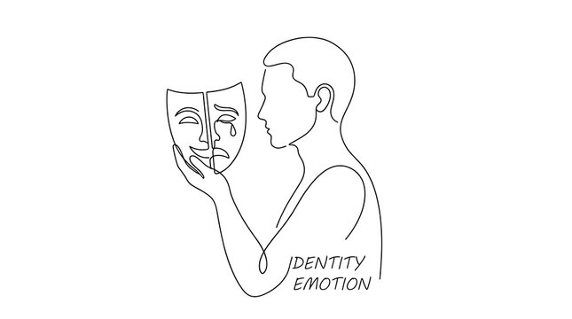 Continuous line drawing of a man holding a theatrical mask with happy and sad expressions, representing duality of human nature and emotions