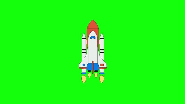 A vibrant cartoon space shuttle with white body, orange nose, blue boosters and black stripes launches upward from the bottom of a solid bright lime green background in clean vector style.