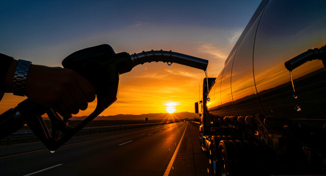 Silhouette of hand holding fuel nozzle dripping liquid at sunset. Large tanker truck parked on highway with bright sun flare. Energy industry and transport logistics concept for trade media.