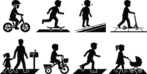 Children Outdoor Activities and Transportation Black Silhouette Vector Icon Set Collection for Safety and Leisure