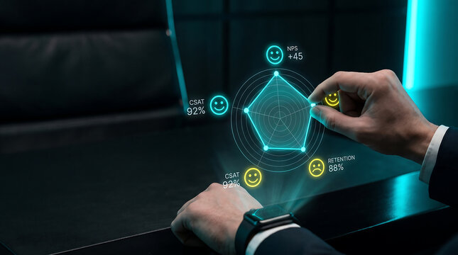 Customer experience dashboard hologram with CSAT and NPS metrics, businessman hand interacting with digital data interface, futuristic business analytics