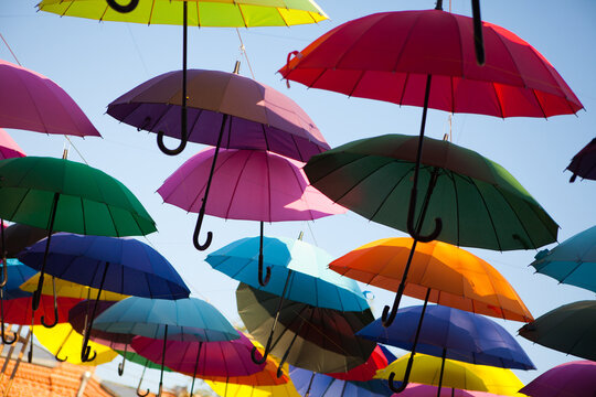 Bright umbrellas arranged in a colorful outdoor canopy, vibrant decorative display, creative background, summer festival.