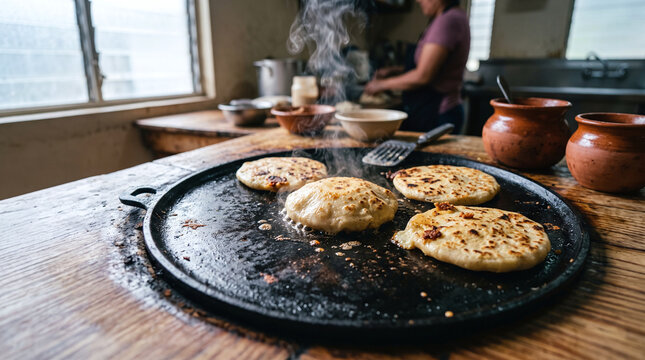 Traditional Salvadoran pupusas cooking on a hot griddle in a rustic kitchen