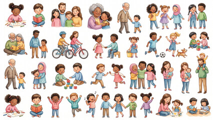 Fototapeta premium Premium Children and Family Character Collection with Multicultural Kids, Parents, Grandparents and Playful Learning Moments, Handmade Watercolor Vector, Isolated White Background