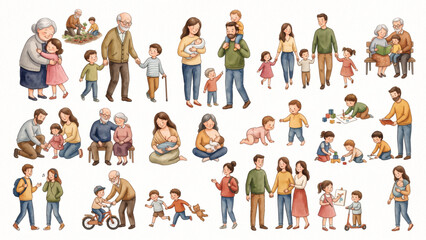 Fototapeta premium Multi-Generation Family Character Collection with Babies, Children, Parents, Seniors and Emotional Family Poses, Premium Storybook Watercolor Vector, Isolated White Background