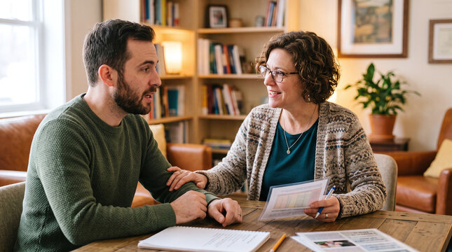 Professional female speech therapist helping young adult man with stuttering.