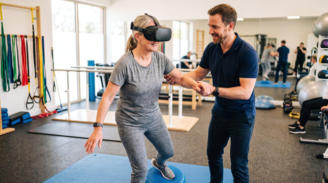Senior woman doing VR balance rehabilitation with physical therapist in clinic