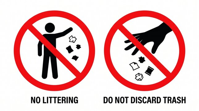 Two red prohibition signs showing a person throwing trash and a hand dropping litter, symbolizing waste disposal restrictions and cleanliness.trash, litter, waste, garbage, disposal, clean, hygiene, e