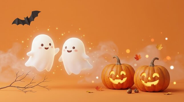Halloween scene with ghosts and pumpkins on an orange background