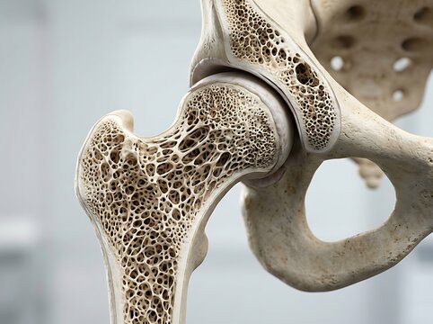 3d medical illustration of a human hip joint showing the internal structure of the femoral head and pelvic bone with porous cancellous bone