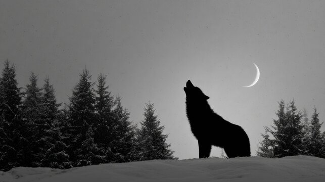 Wolf howling at crescent moon winter