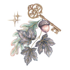 Ivy leaf and oak acorn with gold key aesthetic illustration. Hand drawn watercolor green and gray leaf with golden vintage antique symbol. Victorian graphic for halloween card. Gothic botanical decor. © NadyaSaen 