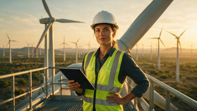 Female renewable energy engineer holding digital tablet standing on wind turbine platform at sunset