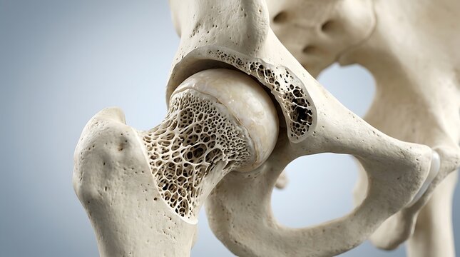 Closeup of a human hip joint showing the femoral head and acetabulum with visible trabecular bone structure
