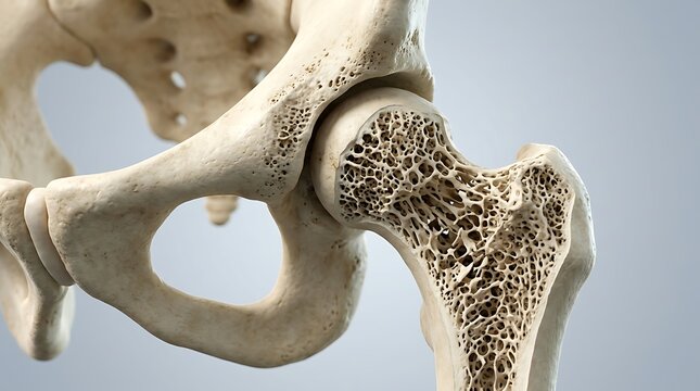 3d illustration of a human hip joint showing the internal structure of the femoral head and pelvic bone with porous cancellous bone tissue