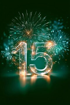 Shiny Metallic Silver Number 15 on Deep Emerald Green Background with Festive Bokeh Style Fireworks