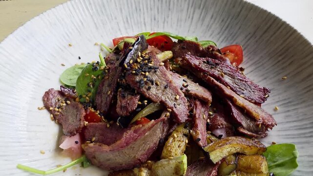 Close-up of savory beef steak salad with tender sliced meat, fresh mixed greens, cherry tomatoes, grilled vegetables, and scattered black and white sesame seeds on modern plate