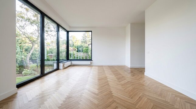 Minimalist sunlit interior with wide wood herringbone floors.