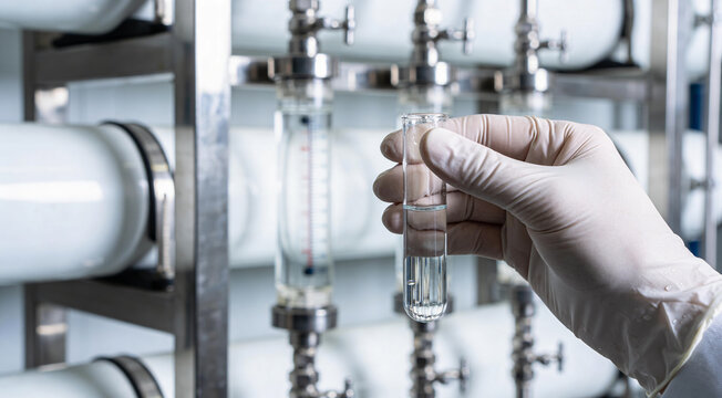 Scientist examines liquid sample in test tube at water purification plant