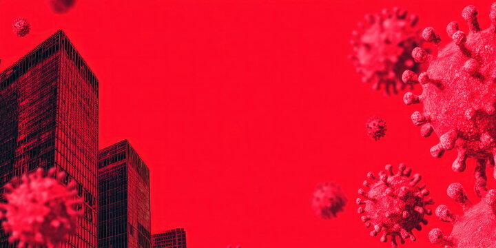 Coronavirus cells spreading across city skyscrapers during viral disease outbreak with empty copy space for pandemic conceptual background