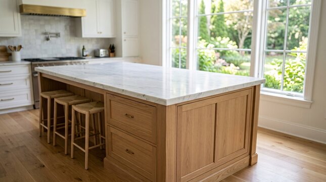 Modern kitchen island with marble countertop and bar stools.
