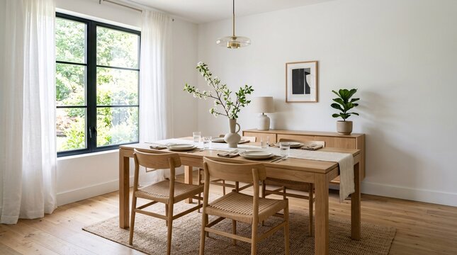 Modern light dining room with wooden furniture and decor items.