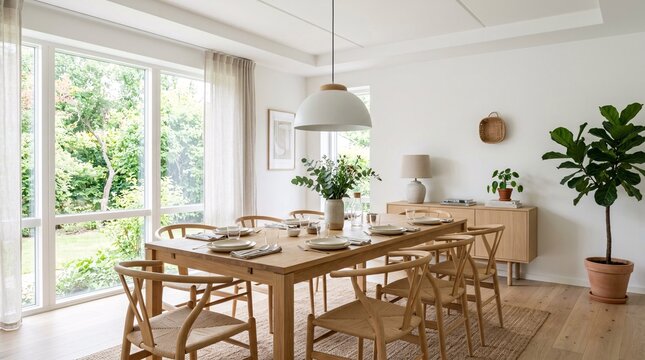 Modern light filled dining room with oak table and chairs.