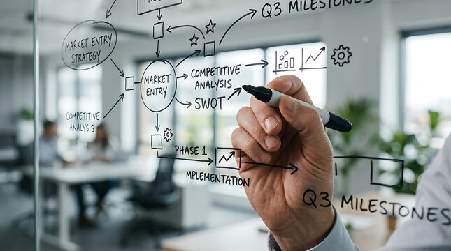 Business professional drawing a strategy flowchart on a glass board in an office setting.