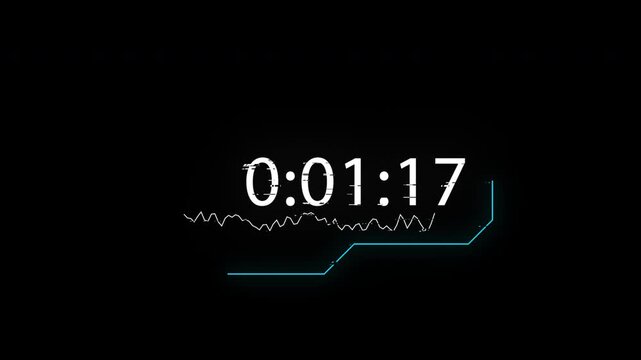 Futuristic digital countdown timer with HUD interface elements on black background.