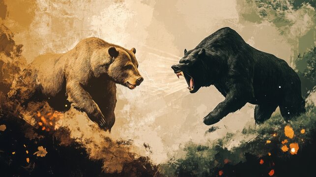 Grizzly bear and black bear charge toward each other in a fierce confrontation set against a rugged forest landscape that captures the intensity of wild animals in a natural struggle for power.