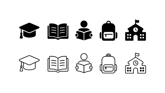 Education Icon Set with School Supplies in Silhouette and Outline Styles