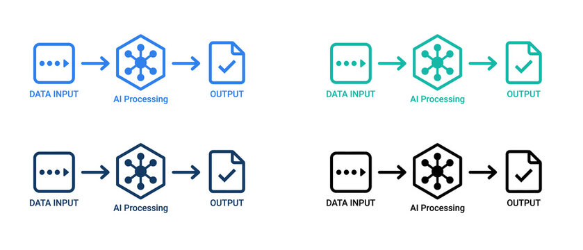 Artificial intelligence process flow diagram showing data input and output results in colors