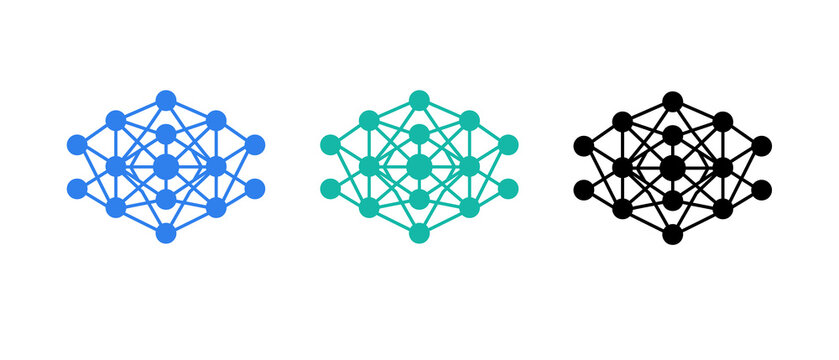 Three geometric abstract network structure icons with connected dots and lines in different colors